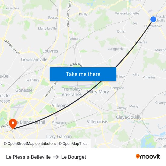 Le Plessis-Belleville to Le Bourget map