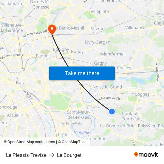 Le Plessis-Trevise to Le Bourget map