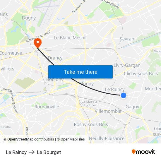 Le Raincy to Le Bourget map