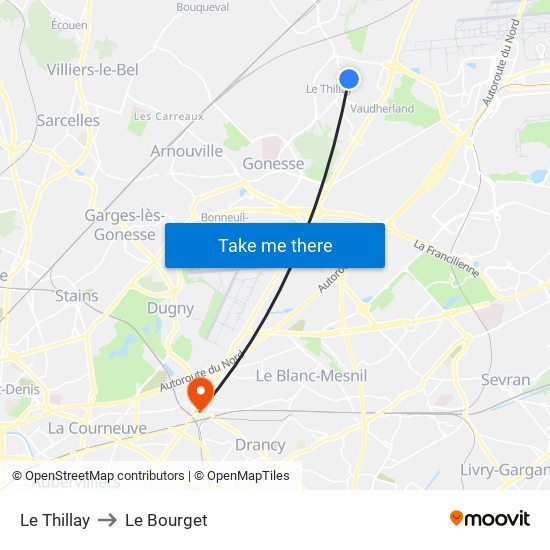 Le Thillay to Le Bourget map