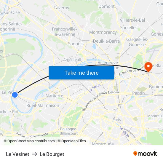 Le Vesinet to Le Bourget map