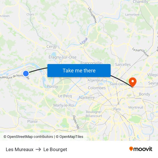 Les Mureaux to Le Bourget map