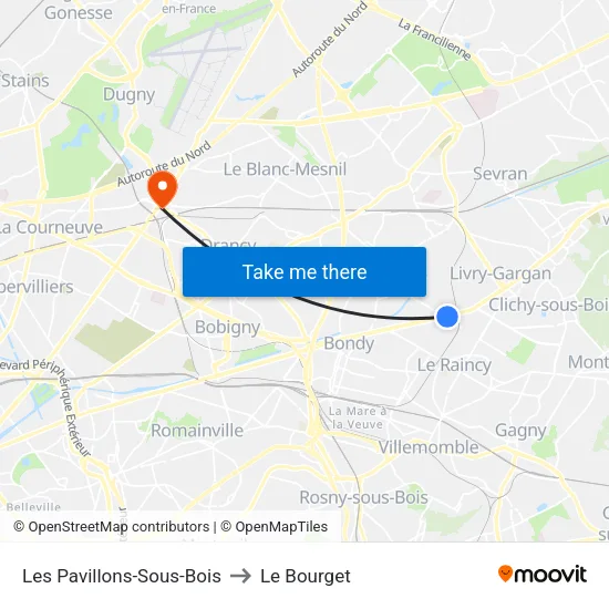 Les Pavillons-Sous-Bois to Le Bourget map
