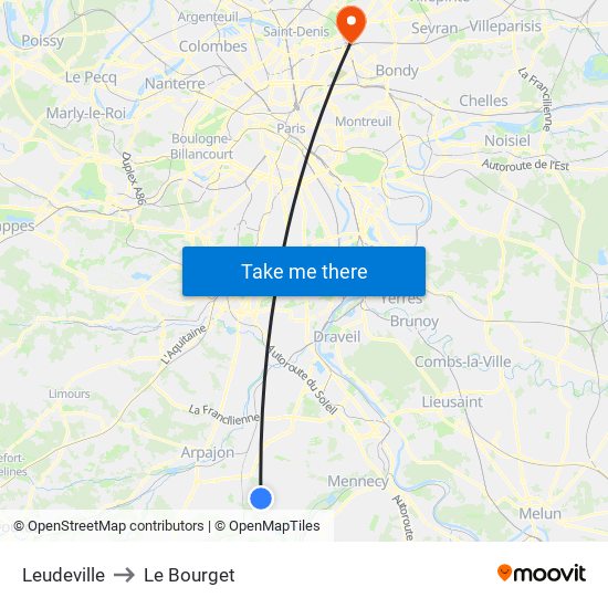 Leudeville to Le Bourget map