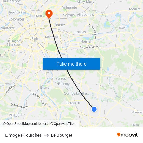 Limoges-Fourches to Le Bourget map
