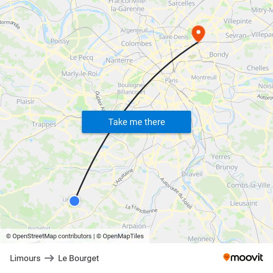Limours to Le Bourget map