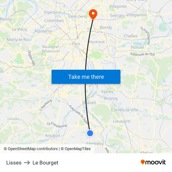 Lisses to Le Bourget map