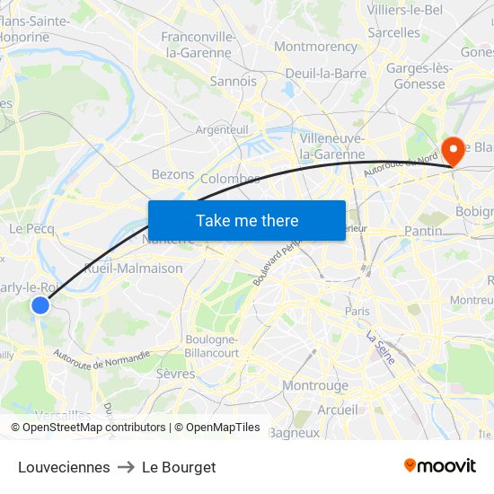 Louveciennes to Le Bourget map