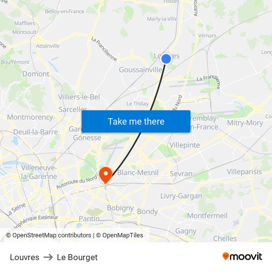 Louvres to Le Bourget map