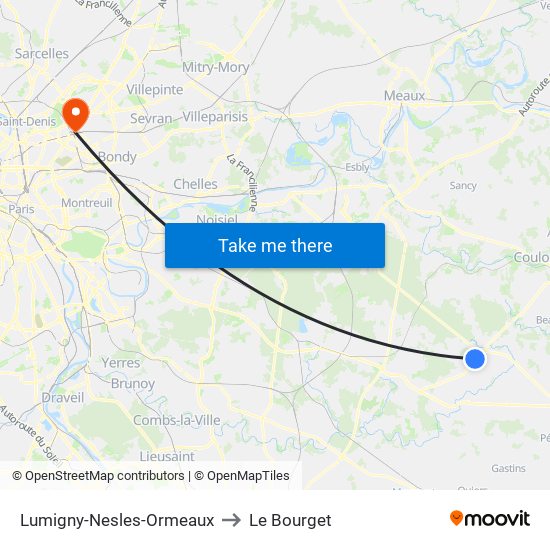 Lumigny-Nesles-Ormeaux to Le Bourget map