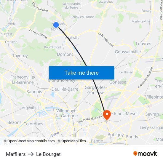 Maffliers to Le Bourget map