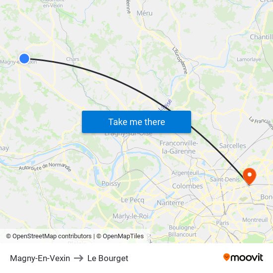 Magny-En-Vexin to Le Bourget map