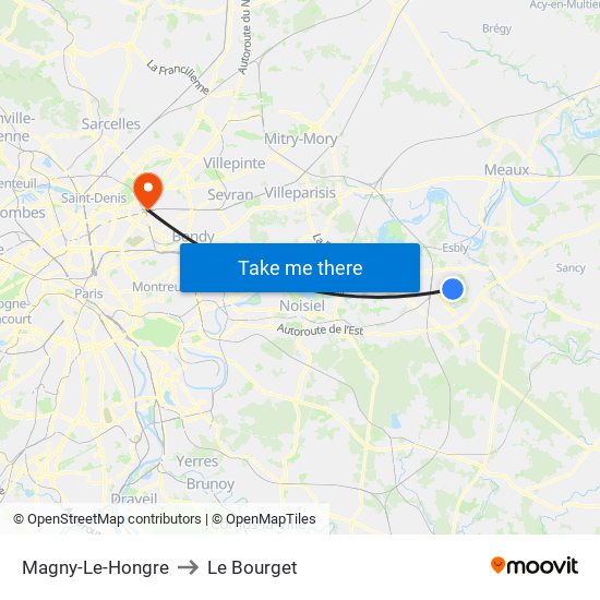 Magny-Le-Hongre to Le Bourget map