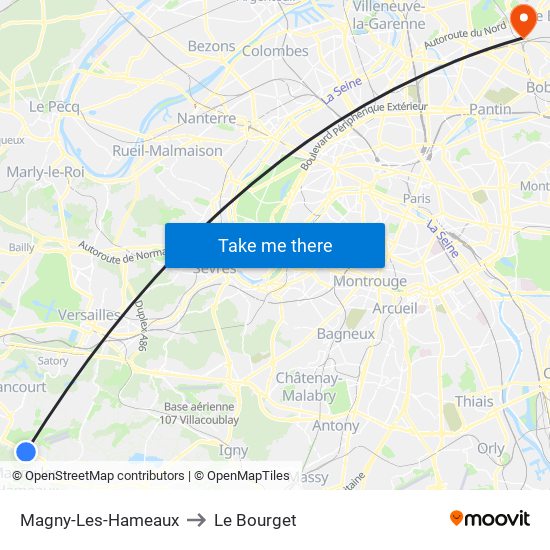 Magny-Les-Hameaux to Le Bourget map