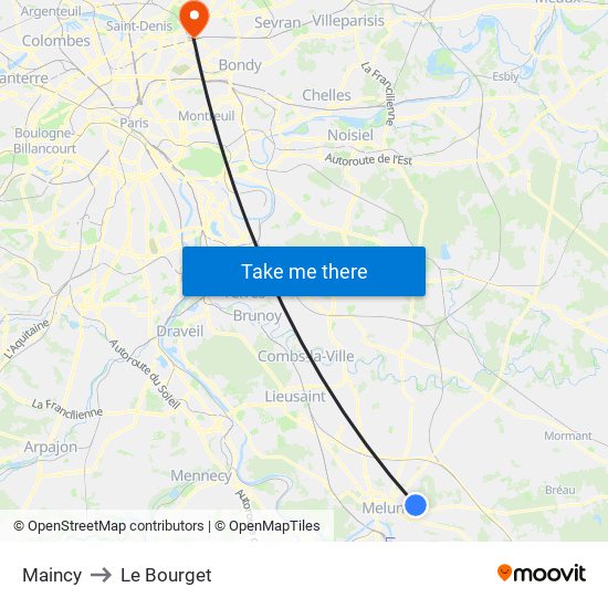 Maincy to Le Bourget map