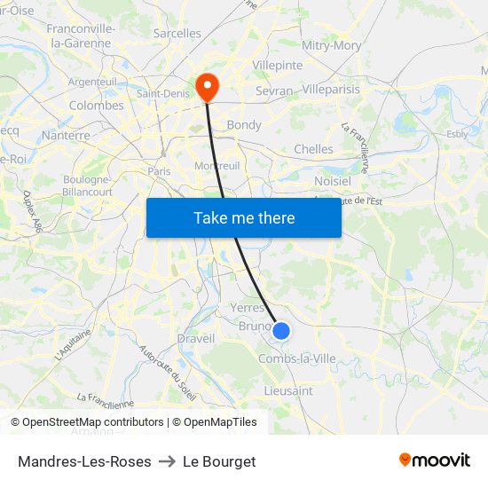 Mandres-Les-Roses to Le Bourget map