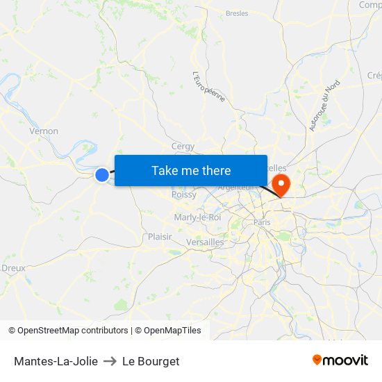 Mantes-La-Jolie to Le Bourget map