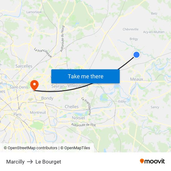 Marcilly to Le Bourget map