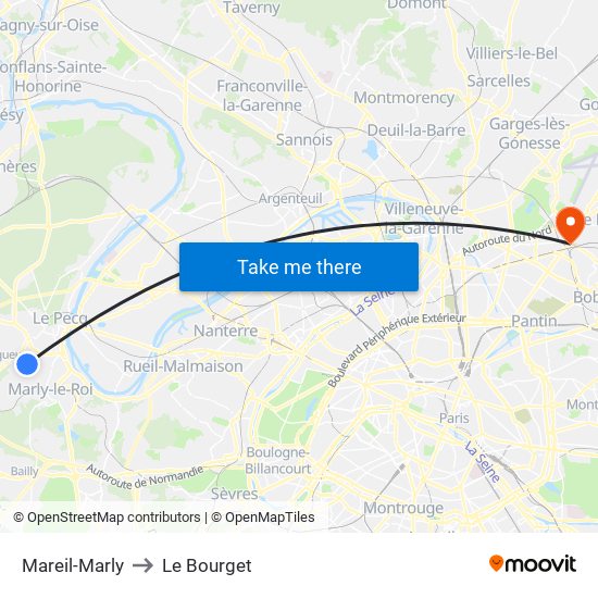 Mareil-Marly to Le Bourget map