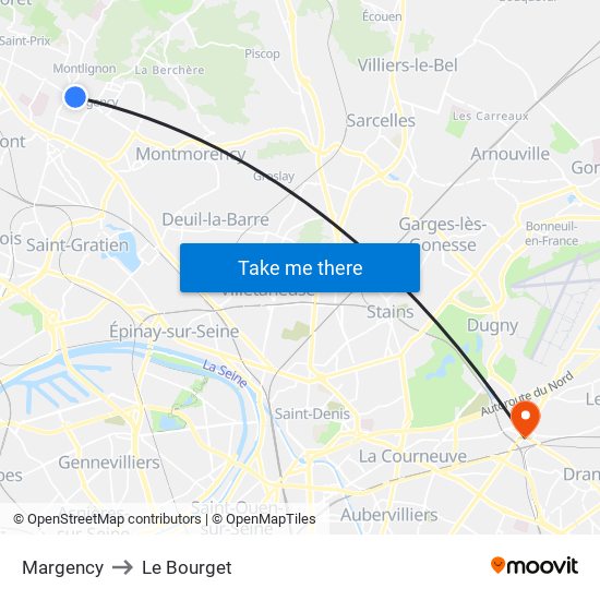 Margency to Le Bourget map