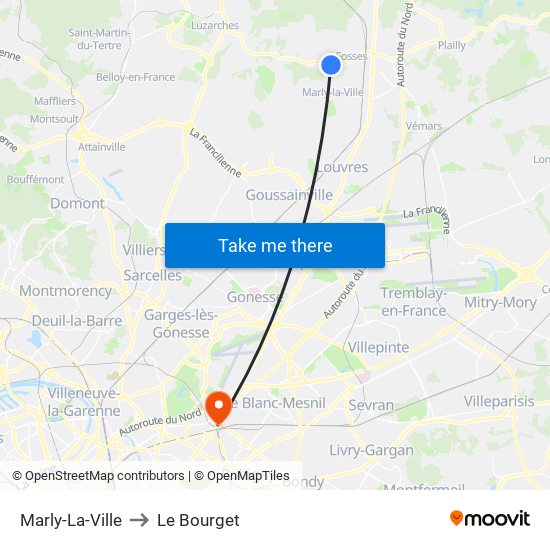 Marly-La-Ville to Le Bourget map