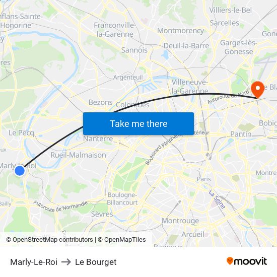 Marly-Le-Roi to Le Bourget map