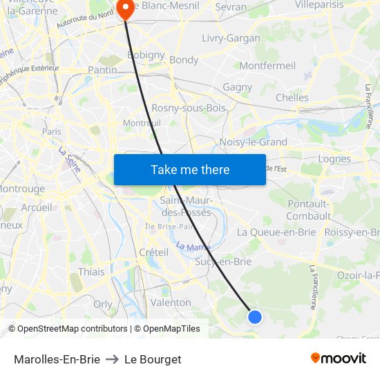Marolles-En-Brie to Le Bourget map