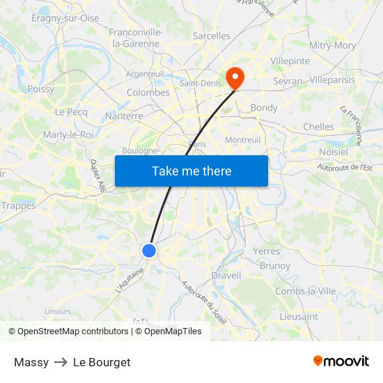 Massy to Le Bourget map