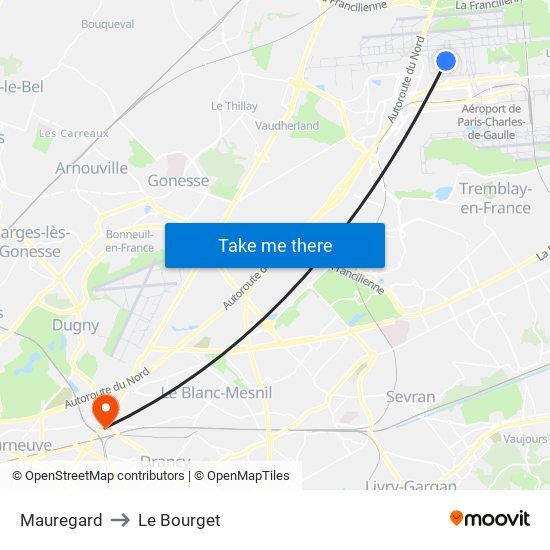 Mauregard to Le Bourget map