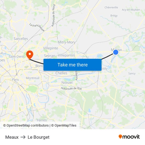 Meaux to Le Bourget map