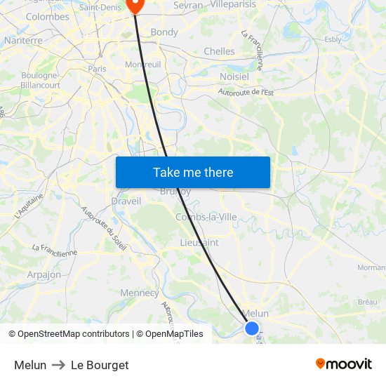 Melun to Le Bourget map