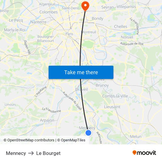 Mennecy to Le Bourget map