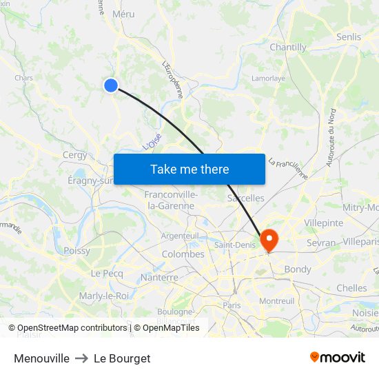 Menouville to Le Bourget map