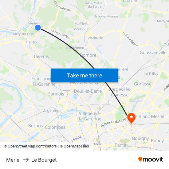 Meriel to Le Bourget map