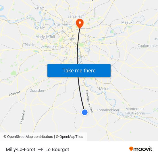 Milly-La-Foret to Le Bourget map