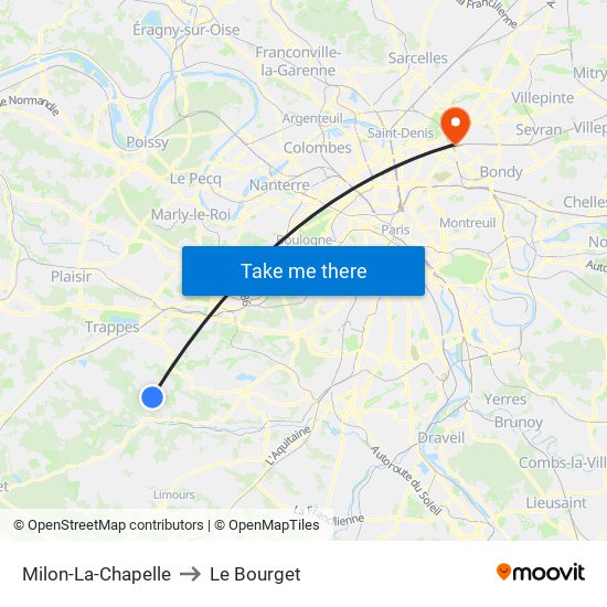 Milon-La-Chapelle to Le Bourget map