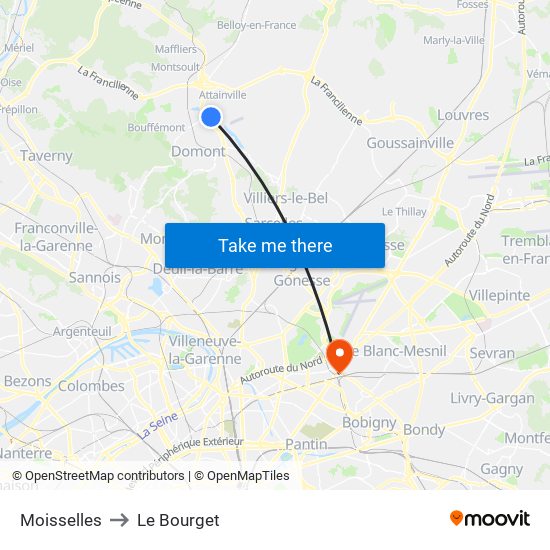 Moisselles to Le Bourget map