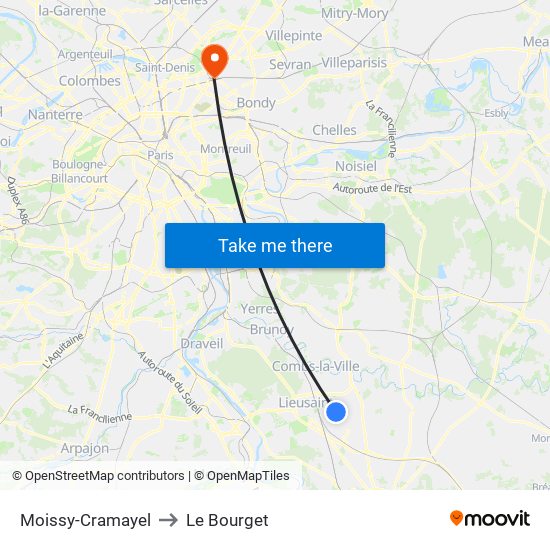 Moissy-Cramayel to Le Bourget map
