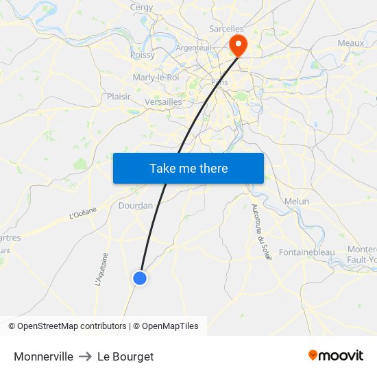 Monnerville to Le Bourget map