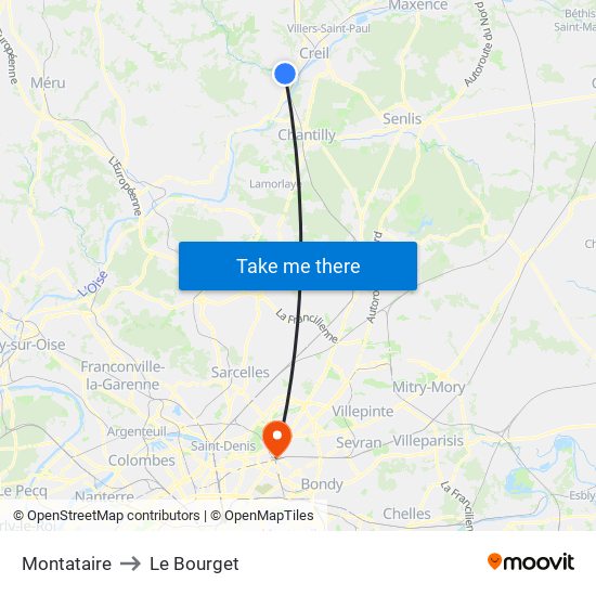 Montataire to Le Bourget map