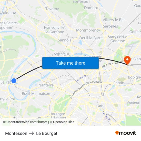 Montesson to Le Bourget map