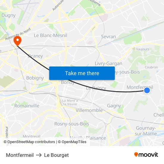 Montfermeil to Le Bourget map