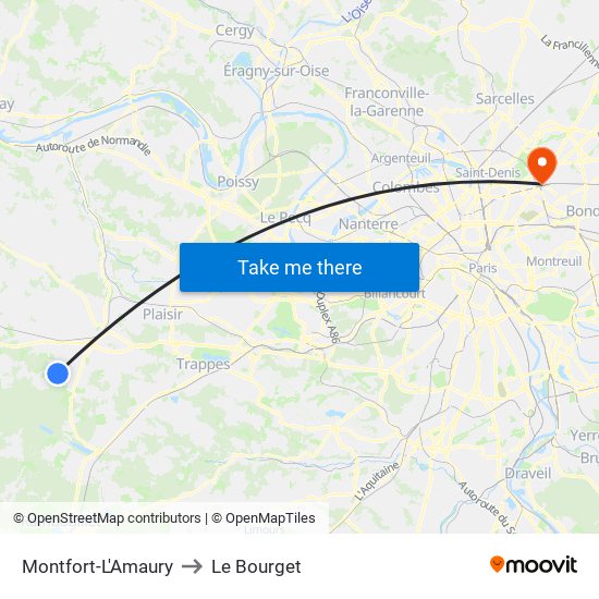 Montfort-L'Amaury to Le Bourget map