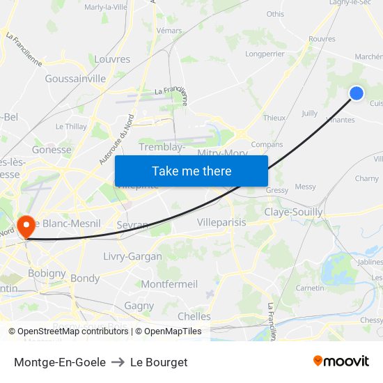 Montge-En-Goele to Le Bourget map