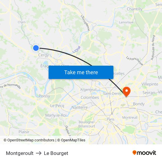 Montgeroult to Le Bourget map