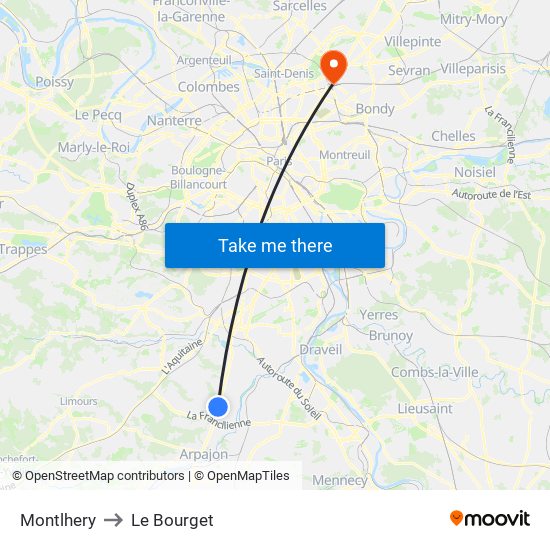 Montlhery to Le Bourget map