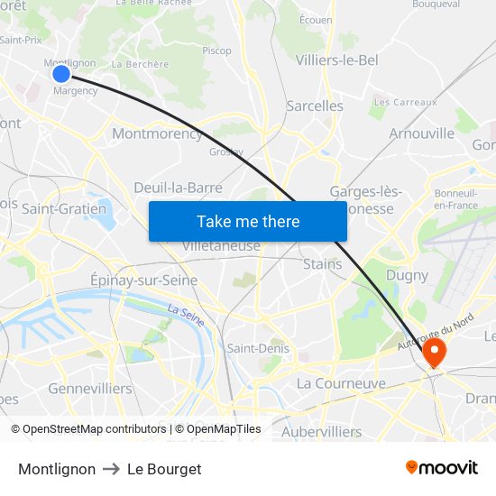 Montlignon to Le Bourget map