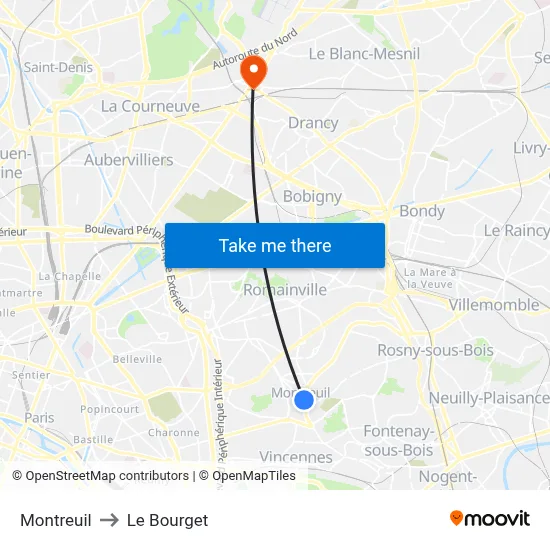 Montreuil to Le Bourget map