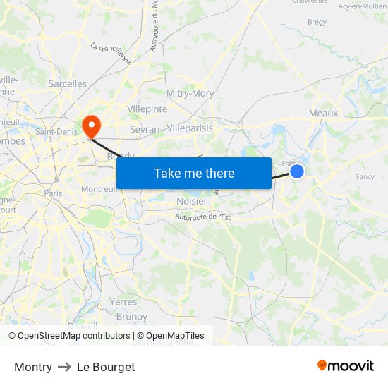 Montry to Le Bourget map