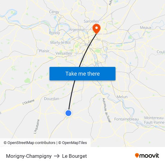 Morigny-Champigny to Le Bourget map